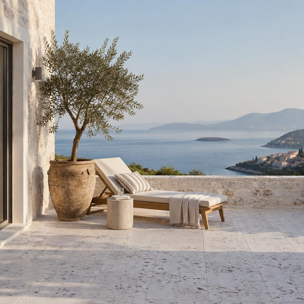 White stone terrace with an olive tree