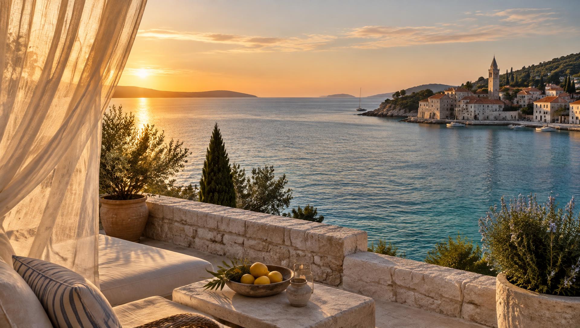 Golden-hour view of the Adriatic sea from a private stone terrace in Vinjerac